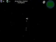 GoldenSpace retro arcade game screenshot showing a Starfighter surrounded by asteroids and enemy ships