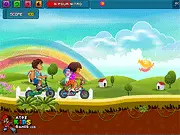 Dora and Diego BMX Race game screenshot showing Dora and Diego riding bikes on a challenging outdoor race track