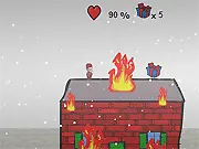 Screenshot of The Adventures of Santa vs Robots game showing Santa Claus jumping over a hostile robot on a snowy platform while collecting a wrapped gift.