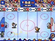 Hockey Fury online game screenshot, a hockey player shooting a puck toward the goal nets, play free sports game