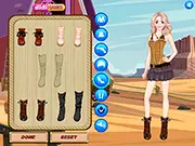 Screenshot of Pretty Cowgirl Dress Up game, character wearing a cowboy hat, denim, and boots, free online Western fashion game