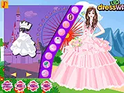 Amusement Park Wedding Dress Up game screenshot, bride in a wedding dress standing in front of a colorful roller coaster, free online game