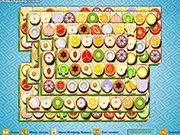 Fruit Mahjong game screenshot showing a square layout of tiles featuring various fruits like bananas, strawberries, and apples, play free online tile game