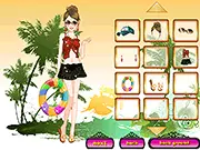 Bella's Surfing Holiday game screenshot featuring Bella posing in a stylish summer outfit on the beach