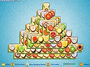 Fruit Mahjong: Triangle Mahjong game screenshot showing a pyramid arrangement of fruit tiles, play free online puzzle game