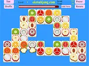 Gameplay screenshot of Fruit Link showing a grid of various fruit tiles, including strawberries, bananas, and grapes. Two identical tiles are highlighted, showing the path connecting them with two turns. Play this free matching puzzle online.