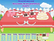 Birthday Party Prep game screenshot, character in a party dress next to a decorated birthday cake and balloons, free online game