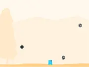 Screenshot of the Mr. Blu game showing the small blue character narrowly dodging several large, spinning circular saws falling from the top of the screen