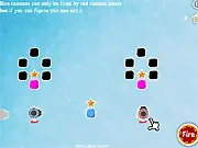 Oh My Stars free online game screenshot, showing a turret aimed at blocks to release stars in a physics puzzle.