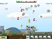 Heliwars free online strategy game screenshot showing an attack helicopter flying over ground troops engaging in battle