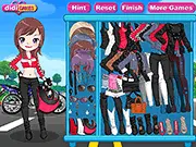 Motor Girl Dress Up game screenshot, cool lady wearing a stylish racing suit and helmet, ready for her motor race, free online game