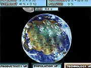 Screenshot from Earth Prime strategy game, showing a resource management interface with indicators for population, technology, pollution, and outer space threats.