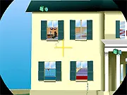 Play Stealth Sniper Challenge free online. A sniper scope zoomed in on a target, with security guards patrolling the area.