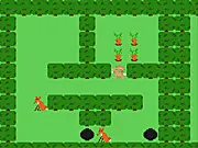 Screenshot of Hare's Harvest game, showing the hare in an underground tunnel, plotting a route to a carrot while avoiding the Farmer and dog on the surface.