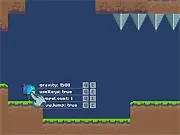 Screenshot of the free online puzzle game 0x1D, showing a small robot character navigating a challenging black-and-white maze with spikes, controlled by gravity manipulation