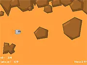 Screenshot of the Magma Shuttle online game showing a small spaceship flying through a stream of molten orange magma, narrowly avoiding large grey rocks