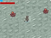 Screenshot of the Arctic Desert survival game showing a small character fighting off several large, tentacled octopodes in a snowy, white environment.