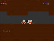 Caves of Yeragr game screenshot showing a pixelated dungeon environment with a hero character battling a monster and collecting block-style loot.