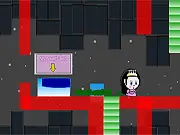 Princess Fart Adventure free online game screenshot, Princess character using a flatulent blast to defeat an enemy and jump across a gap, humorous platformer game