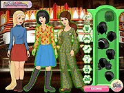 Princess 70s Fashion free online dress up game screenshot, Rapunzel, Snow White, and Belle wearing bell bottoms and bright 1970s outfits