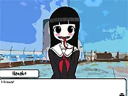 Love at First Bite visual novel game screen, high school student Ryota and mystery girl, free horror dating sim online