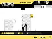 Stakate puzzle game screenshot showing a dropping mechanism hovering over geometric shapes, preparing to stack blocks to meet a fill objective.