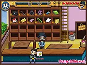 Stationery Store online game screenshot - fast-paced shop interior with a counter, shelves stocked with pens, pencils, and notebooks, and customer waiting