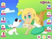 Doggy Treats online game art showing a happy dog playing in a sunny backyard and waiting for a delicious snack or reward.
