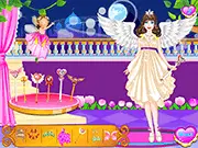 Screenshot of the game Angel with Wings 2 showing a beautiful, stylized angel character with large wings wearing elegant clothes and fantasy makeup.