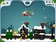 Gameplay screenshot of Happy Santa showing Santa Claus flying a sleigh high above snowy houses at night, aiming to drop a gift down a brightly lit chimney. Play this free Christmas themed arcade game.