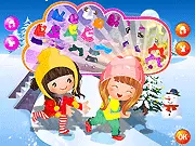 The Happy Winter Kids Dress Up free online game interface showing two cute children surrounded by winter-themed clothes and accessories.