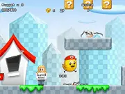 Super Chick Sisters free online game screenshot showing the chicken characters Nugget and Chickette jumping on an enemy in a bright 2D platforming level.