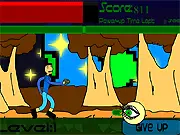 Screenshot from the action game Eye'scape showing a military character running and shooting a plasm gun at a swarm of flying eyeball aliens