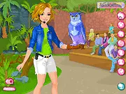 Bird Show Dress Up online game featuring a female trainer and a colorful parrot, free animal park styling game