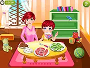 Baby Cookies for Mom online game screenshot showing an adorable baby preparing cookies and tea in a kitchen, free cooking game