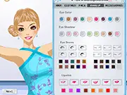 The game's screen showing a beautiful ballerina model in a dressing room, with options for choosing various pink, white, and blue tutus, hairstyles, and accessories.