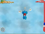 BR's FreeFall gameplay screenshot showing a character with a blue rabbit helmet skydiving through the clouds, aiming to collect floating carrots.