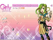 Screenshot of the Cute Girly Dressup game showing a stylish, cartoon-style girl with various clothing and hair options displayed in a menu for selection.