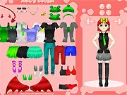 Screenshot of the Dress-up: RED game interface showing a model wearing a stylish red outfit next to a virtual closet filled with clothing items