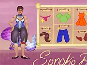 Screenshot of the Sonoko Dress Up game interface showing the character Sonoko and a large selection of clothes and accessories for fashion customization.
