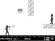 The Dark Man free archery game screenshot, player aiming a bow and arrow at an apple on a person's head, precision shooting online