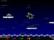 UFO Jumper free online game screenshot showing a small UFO jumping between white cloud platforms and collecting colorful gems in the sky