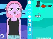 Starship Bloobstorm Dressup game screen showing a custom cartoon character in a futuristic blue and yellow outfit, character creation online.