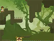 Dr. Bones Adventure platformer game screenshot, skeletal hero swinging on a rope over a spike pit to collect gems, free online game