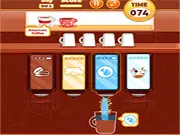Online time management game screen showing a busy coffee shop counter with customers and ingredients for blending coffee