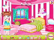 Online decoration game screenshot showing a baby's room with options for customizing the bed, walls, window, and furniture