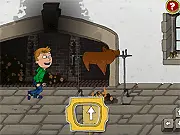 Screenshot of the Hampton Court Palace online game showing a fast-moving historical character approaching a simple obstacle requiring an arrow key press to jump over it