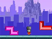 Tetraminos Revenge game screenshot showing a small character chopping falling Tetris blocks with a weapon, free online action puzzle