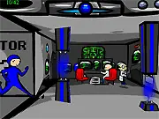 Leeroy Spectrum game art showing a small character in a 2D neon-colored world, attempting to jump through a color-matching barrier