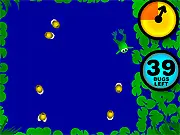 A green frog sitting on a lily pad in the free online arcade game Frog It 2, ready to eat a fly